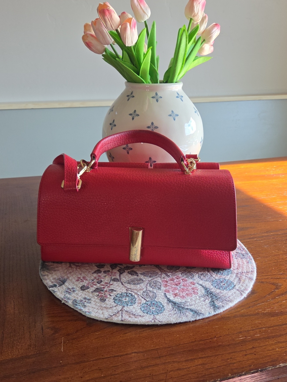 Arcadia Red Structured Shoulder Bag with Gold Hardware